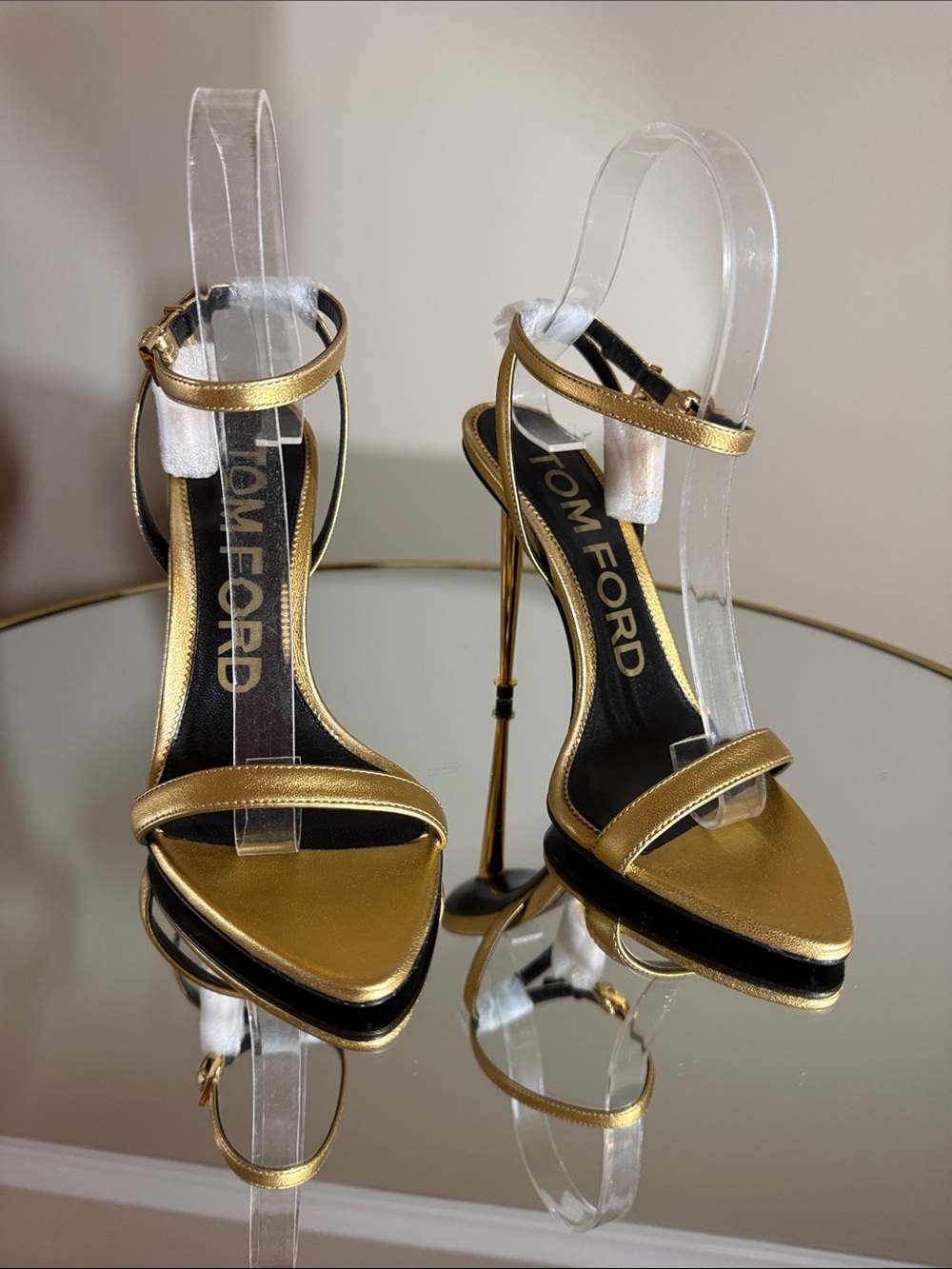 Tom Ford Padlock Naked 105 Gold Leather Heeled Sandals Sz 37 - Picture 8 of 17